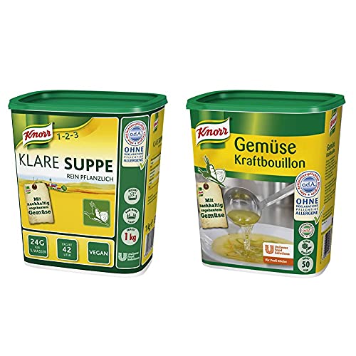 Knorr Klare Suppe Bouillon rein pflanzlich, 1er Pack (1 x 1 kg) & Gemüse Kraftbouillon (Gemüsebrühe mit Suppengrün, rein pflanzlich, vegan) 1er Pack (1 x 1 kg) von Knorr