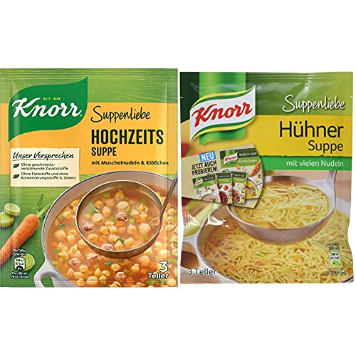 Knorr Suppenliebe Hochzeits Suppe 3 Teller 750 ml, 16er Pack (16 x 42 g) & Suppenliebe Hühner Suppe, 15 x 3 Teller (15 x 750 ml) von Knorr