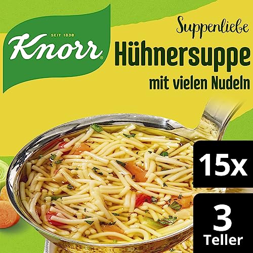 Knorr Suppenliebe Hühnersuppe für eine leckere Nudelsuppe mit vielen Nudeln ohne geschmacksverstärkende Zusatzstoffe und Farbstoffe 15 x 3 Teller Knorr Suppenliebe Hühnersuppe für eine leckere Nudelsuppe mit vielen Nudeln ohne geschmacksverstärkende Zusatzstoffe und Farbstoffe 15 x 3 Teller von Knorr