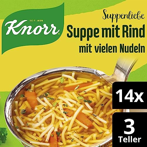 Knorr Suppenliebe Suppe mit Rind für eine leckere Nudelsuppe mit vielen Nudeln ohne geschmacksverstärkende Zusatzstoffe und Farbstoffe 14 x 3 Teller von Knorr