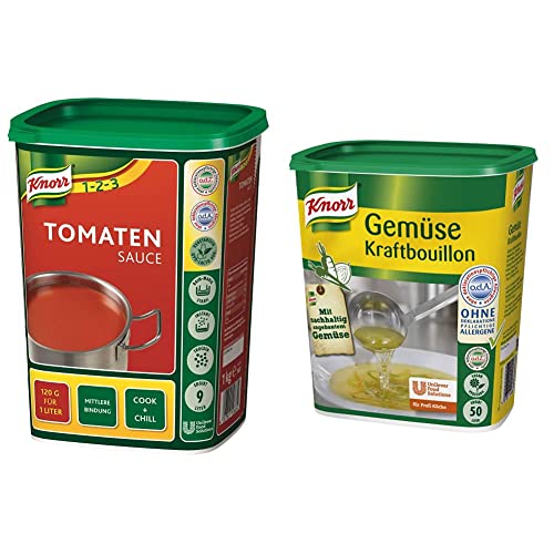 Knorr Tomatensauce (ideale Basis) 1er Pack (1 x 1 kg) & Gemüse Kraftbouillon (Gemüsebrühe mit Suppengrün, rein pflanzlich, vegan) 1er Pack (1 x 1 kg) von Knorr