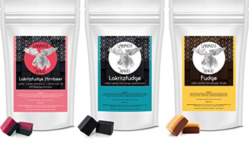 Lakrids Knud | 3er Pack Probier-Set Fudge: Lakritz Fudge, Himbeer-Lakritz Fudge, Vanille-Schokolade Fudge; softe Fudge Stücke mit tollem Geschmack von Knud