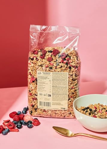 KoRo - Bio Beeren Granola 1 kg - Vegan & Bio-Qualität - Süße durch Agavendicksaft - Mit gefriergetrockneten Erdbeeren, Himbeeren und Blaubeeren - Ohne Palmöl - Ballaststoffquelle von KoRo