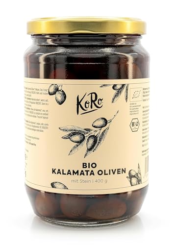 KoRo -Bio Kalamata Oliven mit Stein 400 g - einzigartig aromatisch - natürliche Oliven in Salzlake - original aus Griechenland - ideal für Anti-Pasti Gerichte von KoRo
