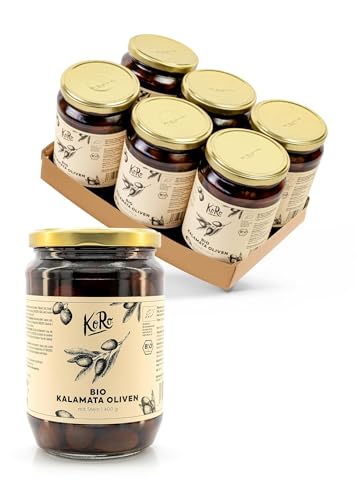 KoRo - Bio Kalamata Oliven mit Stein 6 x 400 g - einzigartig aromatisch - natürliche Oliven in Salzlake - original aus Griechenland - ideal für Anti-Pasti Gerichte von KoRo