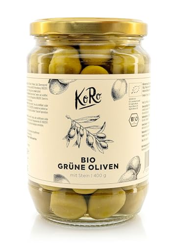 KoRo - Bio grüne Oliven mit Stein 400 g - Ohne Konservierungsstoffe - Intensiv würziger Geschmack - Großes Glas zum Vorteilspreis von KoRo