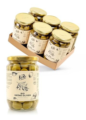 KoRo - Bio grüne Oliven mit Stein 6 x 400 g - Ohne Konservierungsstoffe - Intensiv würziger Geschmack - Großes Glas von KoRo