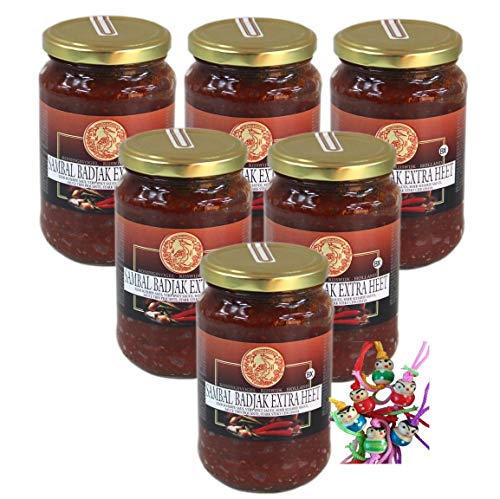 [ 6x 375g ] KONINGSVOGEL Sambal Badjak Extra Heet/Sehr scharfe Sauce + ein kleines Glückspüppchen - Holzpüppchen von Koningsvogel