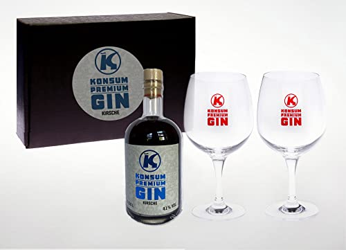 Konsum Premium Gin Geschenkbox 500 ml, Kirsche, inkl. 2 Ballongläser von Konsum
