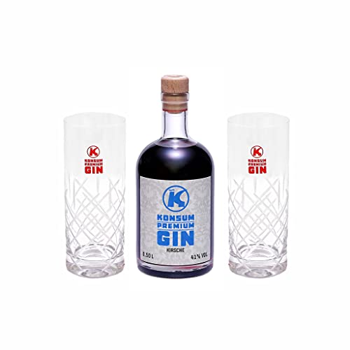 Konsum Premium Gin Geschenkbox 500 ml, Kirsche, inkl. 2 Longdrinkgläser von Konsum
