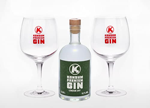 Konsum Premium Gin Geschenkbox 500 ml, London Dry, inkl. 2 Ballongläser von Konsum