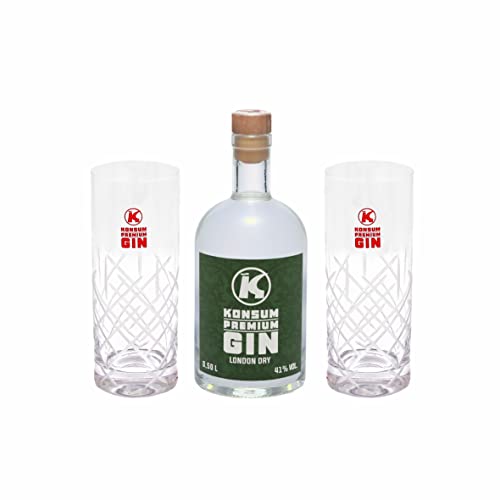 Konsum Premium Gin Geschenkbox 500 ml, London Dry, inkl. 2 Longdrinkgläser von Konsum