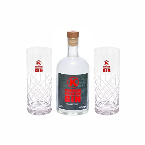 Konsum Premium Gin Geschenkbox 500 ml, Waldbeere, inkl. 2 Longdrinkgläser Konsum Premium Gin Geschenkbox 500 ml, Waldbeere, inkl. 2 Longdrinkgläser von Konsum