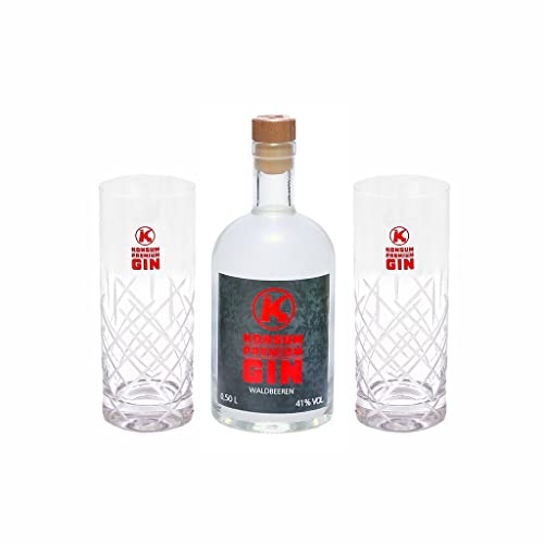 Konsum Premium Gin Geschenkbox 500 ml, Waldbeere, inkl. 2 Longdrinkgläser von Konsum