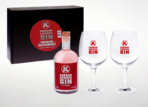 Konsum Sommer Gin Geschenkbox 500 ml, Blutorange, inkl. 2 Ballongläser von Konsum