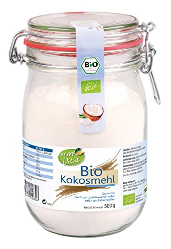 KOPP Vital® Bio-Kokosmehl im Bügelglas | 500 g | vegan | reich an Ballaststoffen | Kokosnussfleisch | Ohne Gentechnik | Glutenfrei | Laktosefrei | dekorativen Bügelglas von Kopp Vital