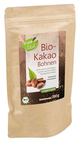 KOPP Vital® Bio-Kakao Bohnen ungeröstet - 200 g - 100 Prozent rohem Criollo-Kakao - vegan, ohne Gentechnik - kontrolliert biologischem Anbau - Snack, Müsli, Smoothies von Kopp Vital