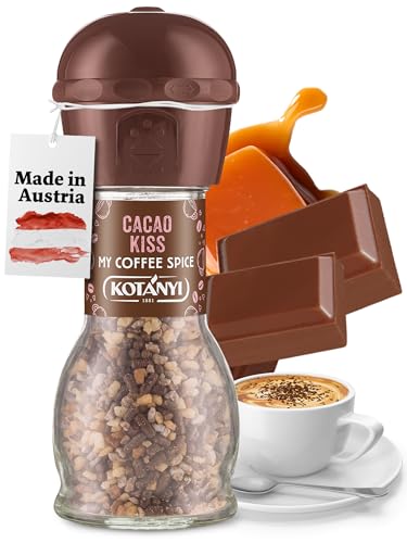 KOTÁNYI Cacao Kiss Kaffee Topping - Mit Schokoladen Krokant, gemahlenem Zimt & Vanille - Passend als Topping für Kaffee, Eiskaffee & Desserts - Inkl. Gewürzmühle mit verstellbaren Mahlgraden von Kotanyi
