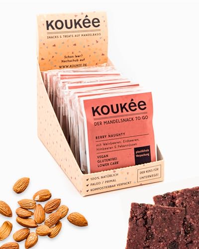 Koukée - der Mandelsnack To Go, Vorratsbox in der Sorte BERRY NAUGHTY, glutenfrei, lower carb*, vegan, Cookie/Snack/Riegel/Keks zum Kaffee oder für unterwegs, kompostierbar verpackt (10x 35g) von Koukée