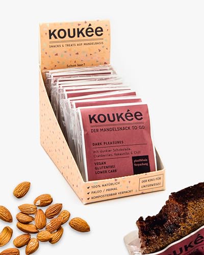Koukée - der Mandelsnack To Go, Vorratsbox in der Sorte DARK PLEASURES, glutenfrei, lower carb*, vegan, Cookie/Snack/Riegel/Keks zum Kaffee oder für unterwegs, kompostierbar verpackt (10x 35g) von Koukée