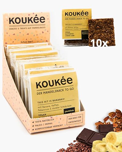 Koukée - der Mandelsnack To Go, Vorratsbox in der Sorte THIS SH!T IS BANANAS!, glutenfrei, lower carb*, vegan, Cookie/Snack/Riegel/Keks zum Kaffee oder für unterwegs, kompostierbar verpackt (10x 35g) von Koukée