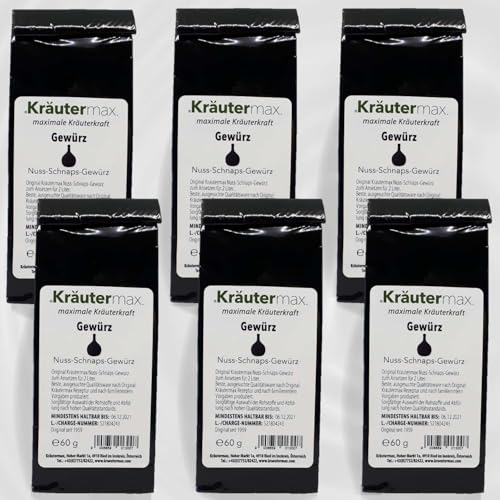 Kräutermax Nuss Schnaps Gewürz | Nussschnaps zum Ansetzen | Schnaps selber machen mit Nussschnaps Gewürz | Nussschnaps Ansatz für 2 Liter Nussschnaps pro Päckchen | Ansatzmischung 6 x 60 g Kräutermax Nuss Schnaps Gewürz | Nussschnaps zum Ansetzen | Schnaps selber machen mit Nussschnaps Gewürz | Nussschnaps Ansatz für 2 Liter Nussschnaps pro Päckchen | Ansatzmischung 6 x 60 g von Kräutermax.