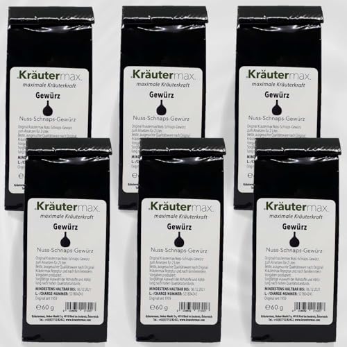 Kräutermax Nuss Schnaps Gewürz | Nussschnaps zum Ansetzen | Schnaps selber machen mit Nussschnaps Gewürz | Nussschnaps Ansatz für 2 Liter Nussschnaps pro Päckchen | Ansatzmischung 6 x 60 g von Kräutermax.