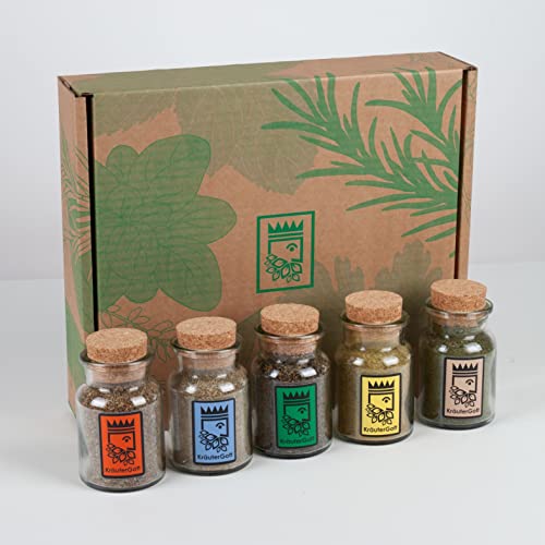 Kräutersalz Box von KräuterGott - Original und handgefertigt mit 50% Kräuteranteil - 5 Kräutersalze in edlen Korkengläsern von KräuterGott