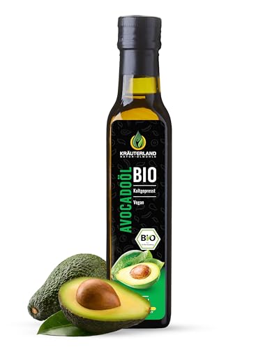 Kräuterland Bio Avocadoöl 250ml - rein, kaltgepresst, nativ, vegan -Avocado Öl zum Kochen, Braten, Grillen & als Würzöl zum Verfeinern - Speiseöl in Premium Qualität von KRÄUTERLAND N A T U R - Ö L M Ü H L E