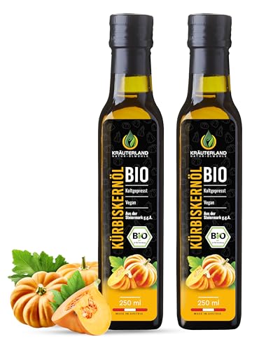 Kräuterland BIO Kürbiskernöl 500ml - 2x 250ml Original steirisches Kürbisöl aus gerösteten Kürbiskernen - 100% rein, kaltgepresst, vegan - Premium Qualität aus der Steiermark von KRÄUTERLAND N A T U R - Ö L M Ü H L E