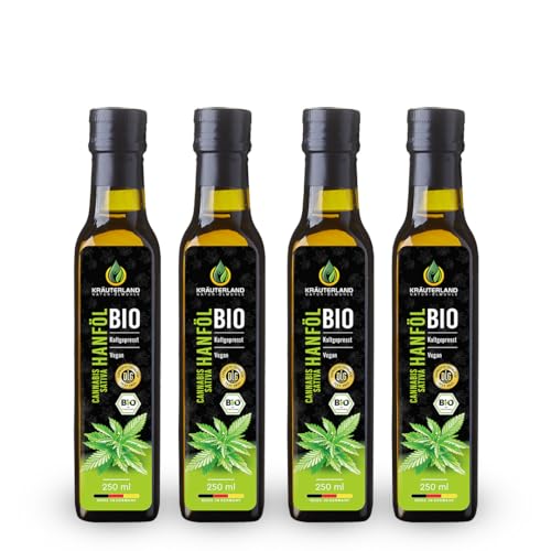 Kräuterland Bio Hanföl - Hanfsamenöl 1 Liter (4x250ml) 100% rein kaltgepresst - hoher Anteil an Omega 3-6-9 Fettsäuren - vegan in Premium Qualität von KRÄUTERLAND N A T U R - Ö L M Ü H L E