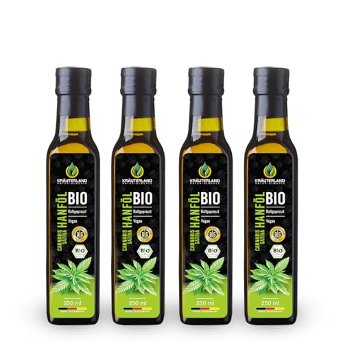 Kräuterland Bio Hanföl - Hanfsamenöl 1 Liter (4x250ml), 100% rein, kaltgepresst - hoher Anteil an Omega 3-6-9 Fettsäuren - vegan in Premium Qualität von KRÄUTERLAND N A T U R - Ö L M Ü H L E