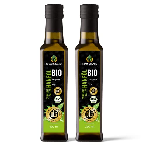 Kräuterland Bio Hanföl - Hanfsamenöl 500ml (2x250ml) 100% rein kaltgepresst - hoher Anteil an Omega 3-6-9 Fettsäuren - vegan in Premium Qualität von Kräuterland Natur-Ölmühle