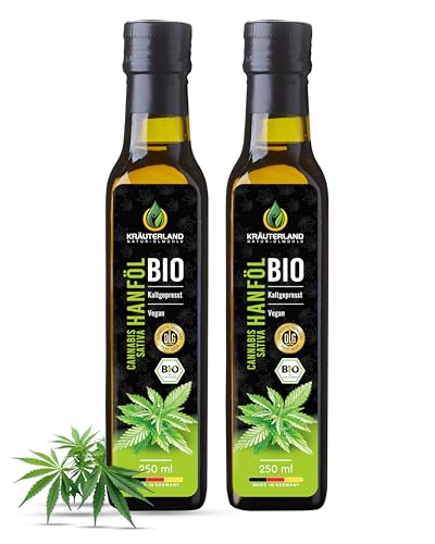 Kräuterland Bio Hanföl 2X250ml (500ml), Hanfsamenöl kaltgepresst, naturrein ohne Zusatz von Aroma-, Farb- und Konservierungsstoffen, hoher Anteil an Omega 3-6-9 Fettsäuren, Premium Qualität von KRÄUTERLAND N A T U R - Ö L M Ü H L E