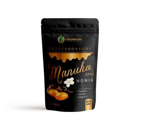 Kräuterland Manuka Honig Lutschbonbons MGO 400+ 100g - Manuka Bonbons mit 30% Propolis und Vitamin C - Honigbonbons in Premium Qualität von Kräuterland Natur-Ölmühle