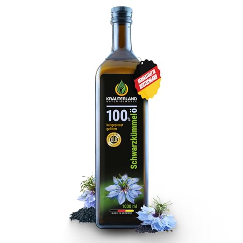 Kräuterland Schwarzkümmelöl 1000ml (1Liter), Gefiltert, Kaltgepresst, 100% Nigella Sativa, ohne Zusatz von Aromen, Frabstoffe & Konservierungsstoffe - direkt aus unsrer hessischen Ölmühle von KRÄUTERLAND N A T U R - Ö L M Ü H L E
