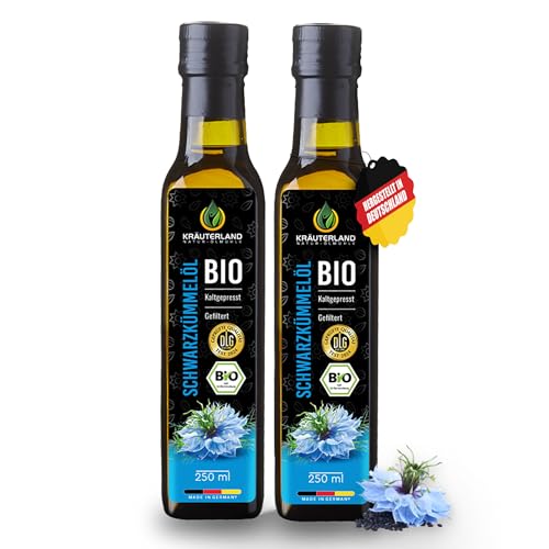 Kräuterland - Bio Schwarzkümmelöl gefiltert 2x250ml- 100% rein, schonend kaltgepresst, ägyptisch, vegan - Frischegarantie: täglich mühlenfrisch direkt vom Hersteller von KRÄUTERLAND N A T U R - Ö L M Ü H L E