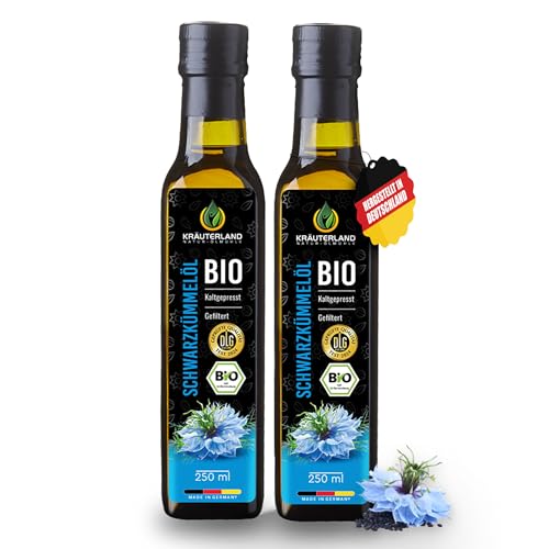Kräuterland Bio Schwarzkümmelöl 2x250ml (500ml), gefiltert, naturrein ohne Zusatzstoffe, hoher Thymochinon, kaltgepresst, vegan, mild, mühlenfrisch direkt aus unsrer hessischen Ölmühle von KRÄUTERLAND N A T U R - Ö L M Ü H L E