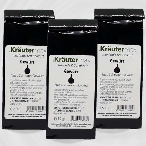 Kräutermax Nuss Schnaps Gewürz | Nussschnaps zum Ansetzen | Schnaps selber machen mit Nussschnaps Gewürz | Nussschnaps Ansatz für 2 Liter Nussschnaps pro Päckchen | Ansatzmischung 3 x 60 g Kräutermax Nuss Schnaps Gewürz | Nussschnaps zum Ansetzen | Schnaps selber machen mit Nussschnaps Gewürz | Nussschnaps Ansatz für 2 Liter Nussschnaps pro Päckchen | Ansatzmischung 3 x 60 g von Kräutermax.