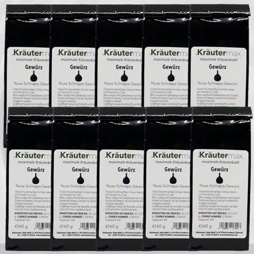 Kräutermax Nuss Schnaps Gewürz | Nussschnaps zum Ansetzen | Schnaps selber machen mit Nussschnaps Gewürz | Nussschnaps Ansatz für 2 Liter Nussschnaps pro Päckchen | Ansatzmischung 10 x 60 g von Kräutermax.