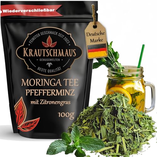 100g Moringa Pfefferminz Tee von Krautschmaus, für Kräutertee, Eistee, Früchtetee, schonend getrocknet, mit Zitronengras, für leckere Kaltgetränke, intensiv duftend und aromatisch von Krautschmaus JSD