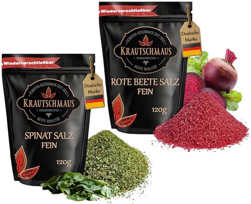 120g Spinatsalz und 120g Rote Beete Salz für den Streuer von Krautschmaus, gemischt mit rosa Natursalz fein, bekannt als Himalaya Salz, Kristallsalz aus Salt Range Pakistan von Krautschmaus JSD