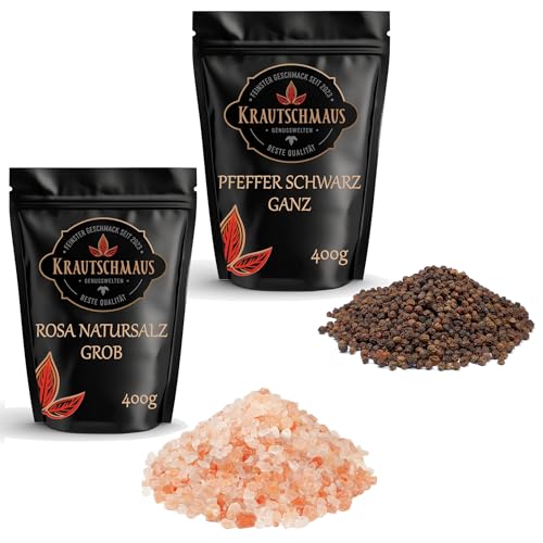 Salz und Pfeffer für die Mühle von Krautschmaus je 400g, rosa Natursalz grob, bekannt als Himalaya Salz, Kristallsalz aus Salt Range Pakistan, schwarze Pfefferkörner Salz und Pfeffer für die Mühle von Krautschmaus je 400g, rosa Natursalz grob, bekannt als Himalaya Salz, Kristallsalz aus Salt Range Pakistan, schwarze Pfefferkörner von Krautschmaus JSD