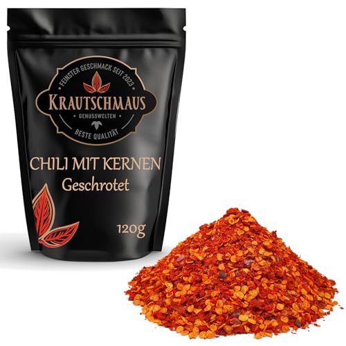 Krautschmaus Chili Flocken geschrotet mit Kernen 120g, Chiliflocken scharf, ohne Zusatzstoffe, Chilli Gewürz, geschrotete Chilischoten, Chilliflocken, Premium Chiligewürz scharf, Chili gehackt von Krautschmaus