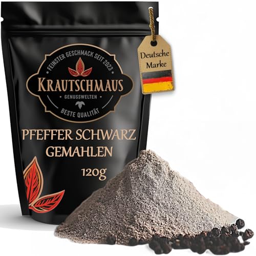 120g Pfeffer schwarz gemahlen von Krautschmaus, gemahlener schwarzer Pfeffer, Gewürzpfeffer, Pfefferpulver ohne Zusatzstoffe von Krautschmaus