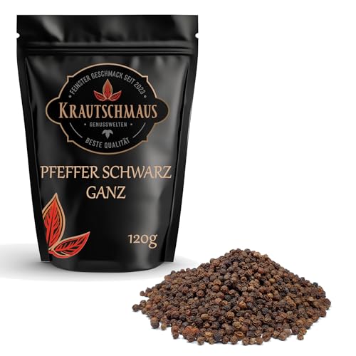 Krautschmaus Schwarzer Pfeffer ganz 120g, ganze Pfefferkörner für Pfeffermühle, Pfeffer schwarz grob, ohne Zusatzstoffe von Krautschmaus