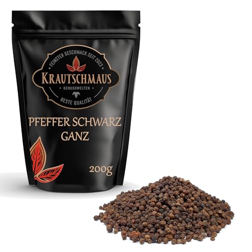 200g Pfeffer schwarz ganz von Krautschmaus, ganze Pfefferkörner für Pfeffermühle, Pfeffer schwarz grob, ohne Zusatzstoffe von Krautschmaus