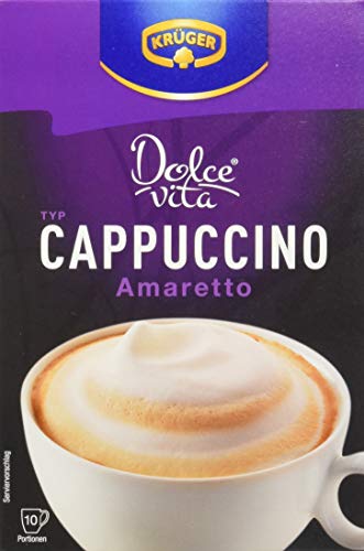 KRÜGER Dolce Vita Cappuccino Amaretto, aromatisiertes Getränkepulver mit löslichem Bohnenkaffee, Cappuccino zum anrühren, 8x 150 g Packung (10 x 15 g Sachets) von Krüger