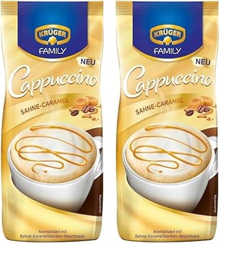 KRÜGER Family Cappuccino Sahne Caramel, aromatisiertes Getränkepulver mit löslichem Bohnenkaffee, koffeinhaltig, 500 g Beutel (Packung mit 2) von Krüger