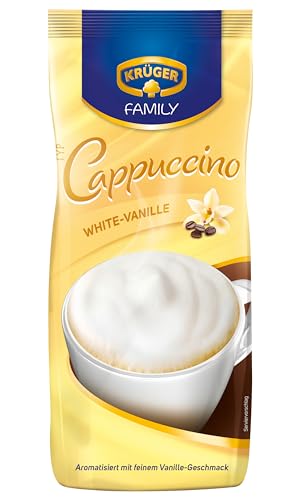KRÜGER Family Cappuccino White Vanille, aromatisiertes Getränkepulver mit löslichem Bohnenkaffee, koffeinhaltig, 500 g Beutel von Krüger